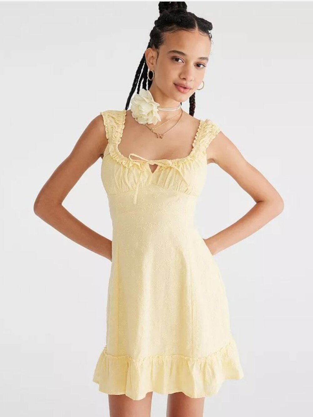 NWT Aeropostale Yellow Embroidered Babydoll Dress Ruffle Hem XL